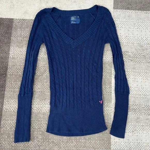 Y2K American Eagle Navy Blue Cable Knit V-Neck Sweater Womens Medium Snatched - Picture 3 of 8